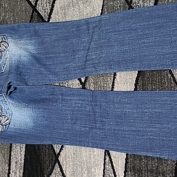 MISS ME ZEBRA PRINT FLEUR DE LIS RHINESTONES BOOT-CUT DENIM JEAN - Picture 15 of 16